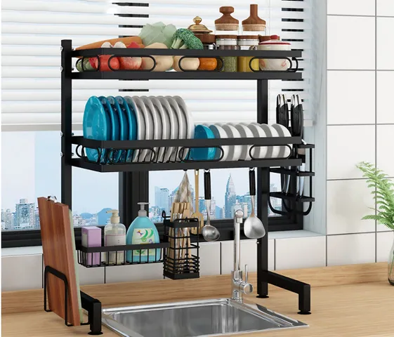 Kệ Úp Bát Đĩa 2 Tầng Kalpen Sơn Đen - Đồ Gia Dụng Chắc Chắn, Chống Rỉ Sét, Chịu Lực Tối Đa 80kg, Thích Hợp Nhà Bếp