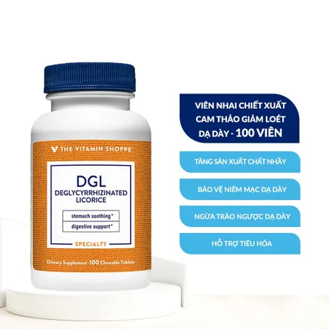 Viên Nhai Hỗ Trợ Giảm Loét Dạ Dày The Vitamin Shoppe DGL - Chiết Xuất Cam Thảo Tăng Cường Bảo Vệ Niêm Mạc Dạ Dày 100 Viên