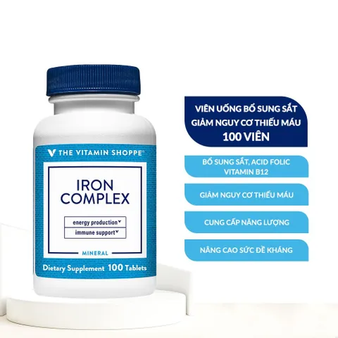 Viên uống bổ sung sắt The Vitamin Shoppe Iron Complex - Giải pháp chống thiếu máu, tăng cường sức khỏe và sức đề kháng, 100 viên