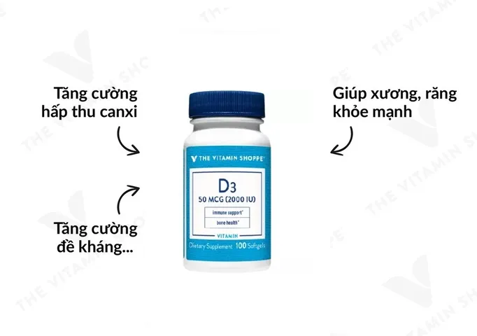Viên Uống Vitamin D3 The Vitamin Shoppe - Hỗ Trợ Tăng Cường Hấp Thu Canxi, Giúp Xương Khỏe Mạnh, Tăng Cường Sức Đề Kháng