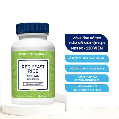 Viên Uống Giảm Mỡ Máu The Vitamin Shoppe Red Yeast Rice 1200mg - Hỗ Trợ Sức Khỏe Tim Mạch, Giảm Cholesterol Tự Nhiên