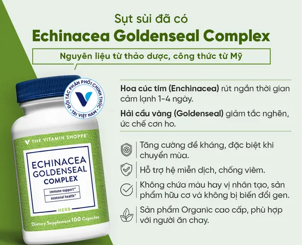Viên uống Echinacea Goldenseal Complex The Vitamin Shoppe - Hỗ trợ tăng đề kháng, giảm cảm cúm, bảo vệ sức khỏe đổi thời tiết