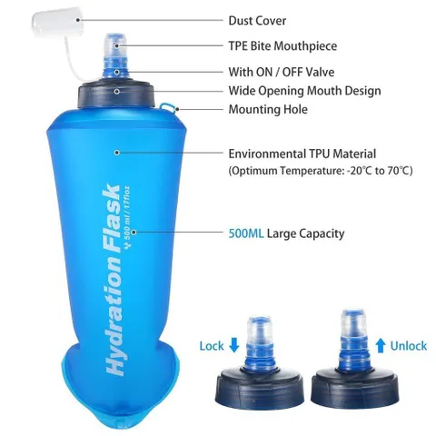 Bình nước dẻo Hydration Flask 500ml - Nhựa TPU an toàn, gấp gọn, lý tưởng cho cắm trại, thể thao và các hoạt động ngoài trời