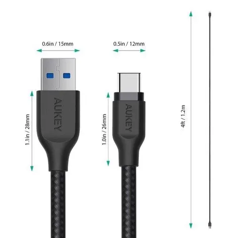 Cáp sạc nhanh AUKEY CB-AC1 USB A sang C 3.0 dài 1.2m - Bền bỉ, chống rối, hỗ trợ sạc nhanh cho thiết bị Android