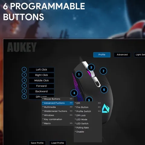 Chuột Gaming Aukey GM-F3 RGB 7200 DPI 6 Nút - Thiết Kế Mạnh Mẽ, LED Đổi Màu Tùy Chỉnh, Chuột Đa Năng Cho Game Thủ