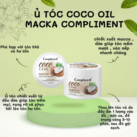 Kem ủ tóc Compliment Coco 500ml - Dưỡng ẩm và phục hồi tóc hư tổn từ dầu dừa, làm mềm mượt và bóng khỏe.