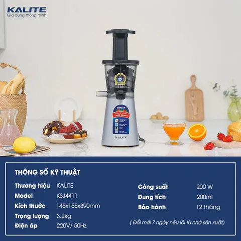 Máy Ép Chậm Kalite KSJ4411 - Công Suất 200W, Mini Tiện Lợi, Ép Tối Đa Dưỡng Chất, Vệ Sinh Dễ Dàng, Bảo Hành 12 Tháng