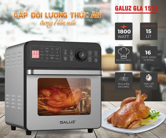 Nồi Chiên Không Dầu Galuz GLA 1518 - 16 Chức Năng, Dung Tích 15L, Quay 360 Độ, Điều Chỉnh Nhiệt Độ 50-220°C, Thực Phẩm Chín Đều Thơm Ngon