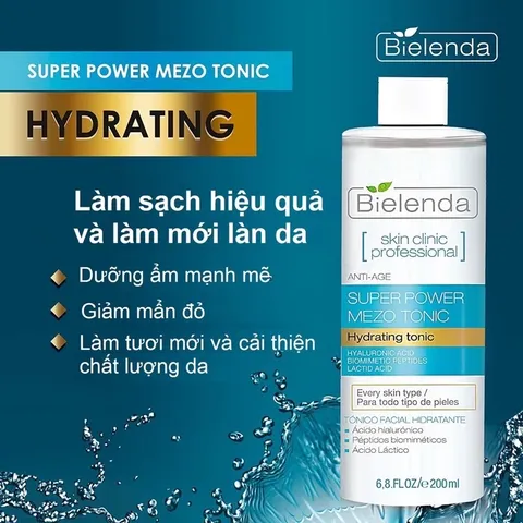 Nước Hoa Hồng Bielenda Super Power Mezo Tonic Xanh Dương 200ml - Dưỡng Ẩm, Làm Sạch Da Mịn Mướt Cho Mọi Loại Da