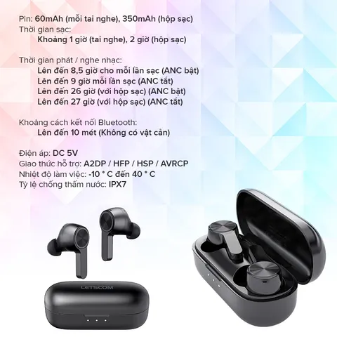 Tai nghe Bluetooth LETSCOM T19 - Âm thanh nổi sống động, chống ồn ANC, kết nối 10m, thời gian sử dụng lên tới 9 giờ, mẫu không dây tiện lợi.