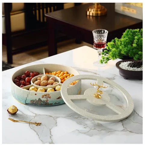 Khay tròn đựng bánh kẹo, mứt Tết nhiều ngăn họa tiết hươu - Trang trí sang trọng cho bàn phòng khách gia đình