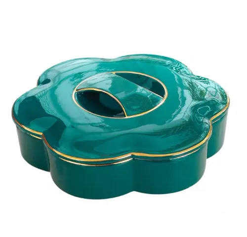 Khay Đựng Bánh Kẹo Gốm Sứ Hình Hoa 6 Cánh Cao Cấp - 4 Ngăn Bảo Quản Mứt và Bánh Thơm Ngon, Trang Trí Nhà Cửa
