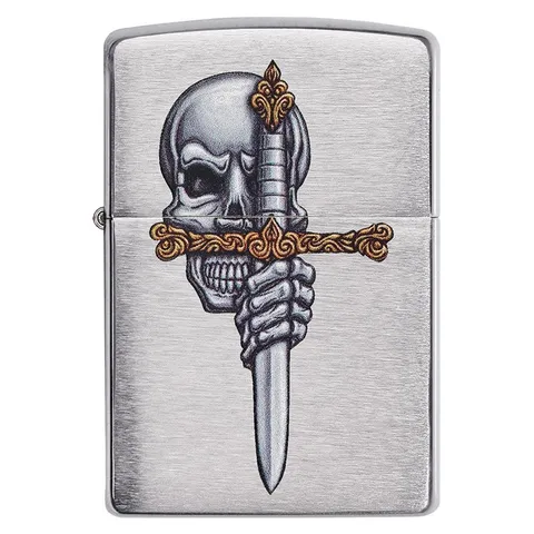 Bật Lửa Zippo 49488 Hình Hộp Sọ Kẹp Kiếm - Thiết Kế Độc Đáo, Chất Liệu Đồng Thau Nguyên Khối, Quà Tặng Phong Cách Thời Trang