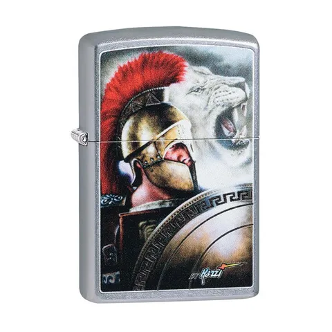 Bật lửa Zippo 49095 Mazzi Spartan and Lion - Họa Tiết Chiến Binh và Sư Tử Nền Street Chrome, Đẳng Cấp và Bền Bỉ