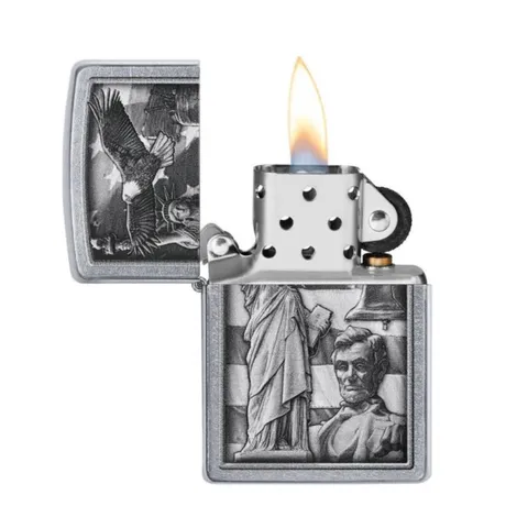 Bật lửa Zippo 49484 American Icon Design - Bật lửa đồng thau mạ Street Chrome™ với biểu tượng lịch sử nước Mỹ, quà tặng độc đáo cho tín đồ sưu tầm