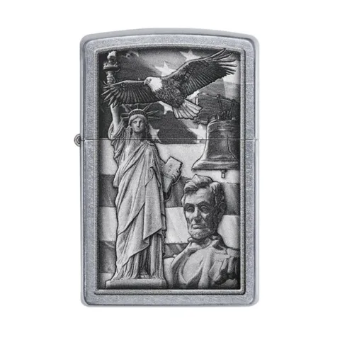 Bật lửa Zippo 49484 American Icon Design - Bật lửa đồng thau mạ Street Chrome™ với biểu tượng lịch sử nước Mỹ, quà tặng độc đáo cho tín đồ sưu tầm