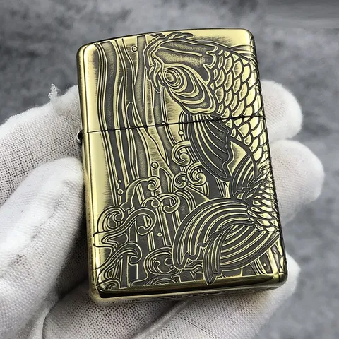 Bật lửa Zippo Antique Noborigoi ZA-4-6A - Bật Lửa Chống Gió Sang Trọng Với Họa Tiết Khắc Hình Cá Cao Cấp, Thích Hợp Làm Quà Tặng