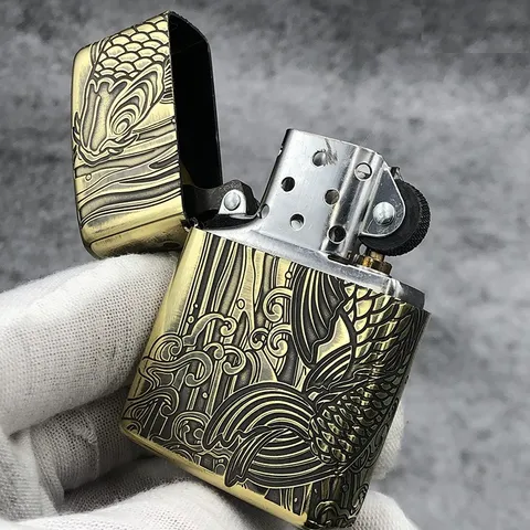 Bật lửa Zippo Antique Noborigoi ZA-4-6A - Bật Lửa Chống Gió Sang Trọng Với Họa Tiết Khắc Hình Cá Cao Cấp, Thích Hợp Làm Quà Tặng