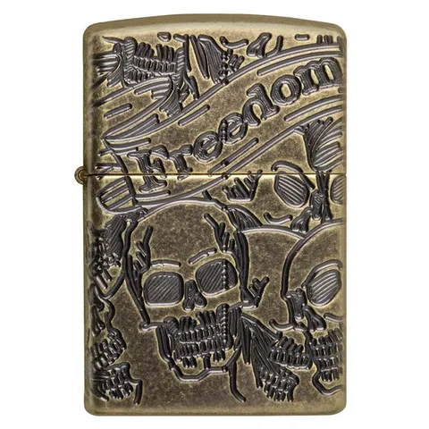 Bật Lửa Zippo Armor Freedom Skull Antique Brass 49035 - Họa Tiết Skull Khắc Sắc Nét, Chất Liệu Đồng Thau Nguyên Khối, Quà Tặng Thú Vị