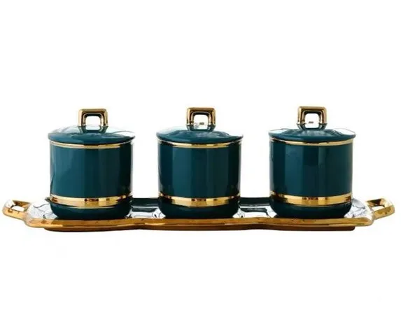 Bộ 3 Hũ Đựng Gia Vị Sứ Xanh Viền Vàng Cao Cấp - Sang Trọng, Bền Đẹp, Kèm Thìa và Khay Hứng Tiện Lợi cho Nhà Bếp