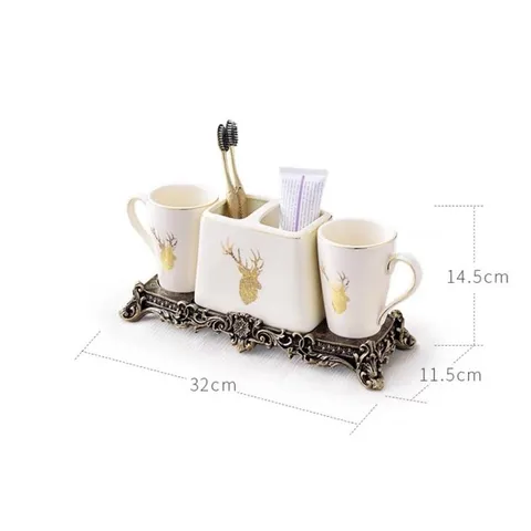 Bộ Cốc Đánh Răng Gốm Sứ Hình Hươu - Bộ Đồ Trang Trí Phòng Tắm Sang Trọng, Thiết Kế Tinh Xảo, 4 Món Họa Tiết Độc Đáo