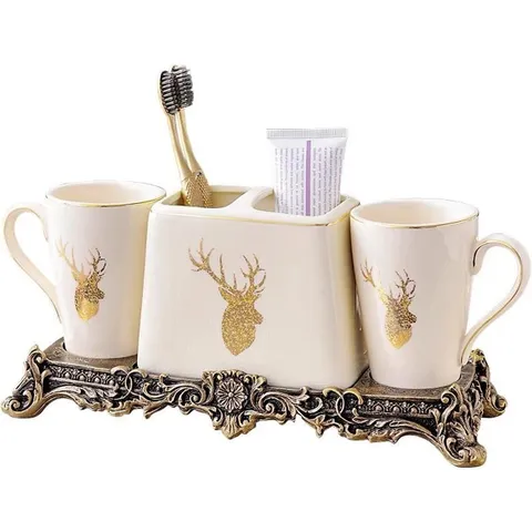 Bộ Cốc Đánh Răng Gốm Sứ Hình Hươu - Bộ Đồ Trang Trí Phòng Tắm Sang Trọng, Thiết Kế Tinh Xảo, 4 Món Họa Tiết Độc Đáo