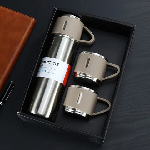 Bộ quà tặng bình giữ nhiệt cao cấp 500ml kèm 2 cốc inox có quai - Giữ nóng lạnh lâu, quà tặng ý nghĩa cho bạn bè, người thân