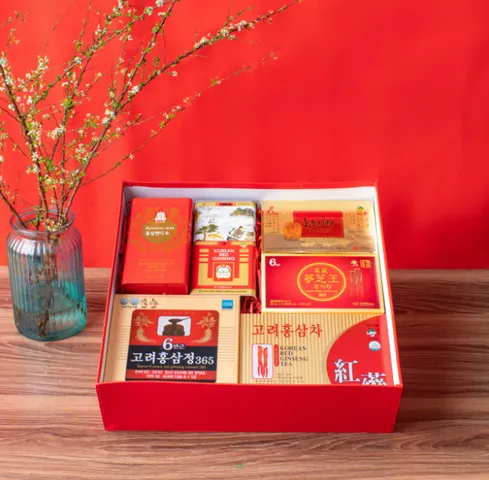 Hộp quà sức khỏe Xuân Cát Tường TL02 - Quà Tết ý nghĩa 7 món chăm sóc sức khỏe cho người thân, gồm hồng sâm cao cấp và linh chi