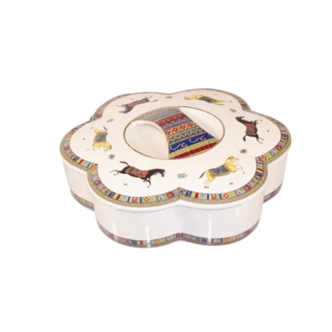 Khay Đựng Bánh Kẹo Gốm Sứ Họa Tiết Ngựa và Hoa Văn Thổ Cẩm - Trang Trí Độc Đáo Cho Ngày Tết