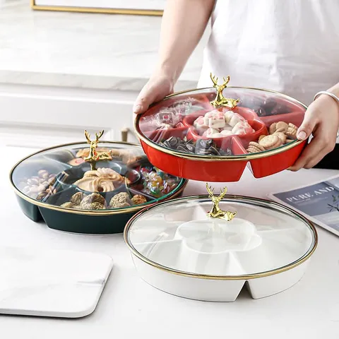 Khay Đựng Bánh Mứt Kẹo Tết Họa Tiết Đầu Hươu Vàng Sang Trọng - Thiết Kế Tiện Dụng, Chất Liệu Sứ Cao Cấp, Dùng Trang Trí Phòng Khách