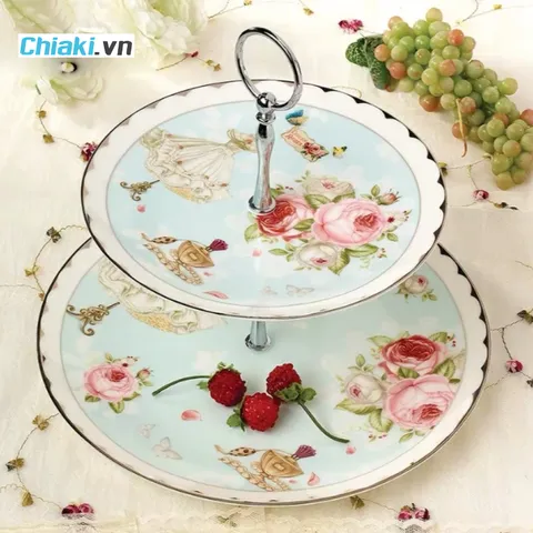 Khay Gốm Sứ 2 Tầng Đựng Bánh Kẹo Sang Trọng Họa Tiết Nhã Nhặn - Thiết Kế Độc Đáo Cho Tiệc Sinh Nhật, Lễ Tết