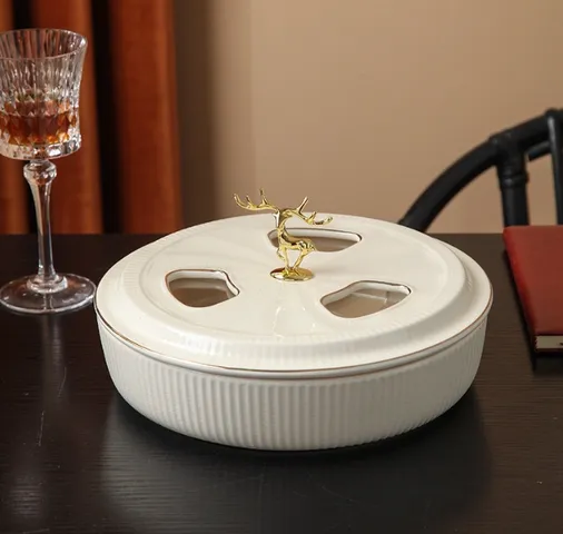 Khay Gốm Sứ Đựng Bánh Mứt Kẹo Hình Tròn Núm Hươu - 4 Ngăn Tiện Lợi Trang Trí Bàn Dịp Tết