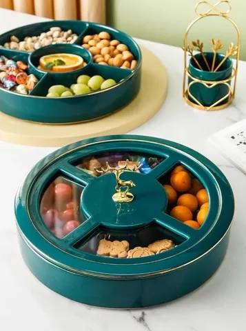 Khay Đựng Bánh Kẹo Sứ Xanh Viền Vàng  Họa Tiết Hươu Bắc Âu Cao Cấp - Sang Trọng Cho Bàn Tiệc Gia Đình