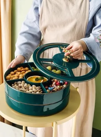 Khay Đựng Bánh Kẹo Sứ Xanh Viền Vàng  Họa Tiết Hươu Bắc Âu Cao Cấp - Sang Trọng Cho Bàn Tiệc Gia Đình
