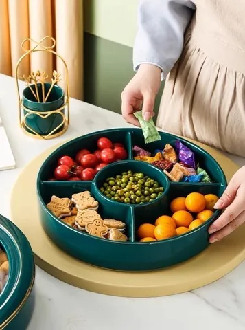 Khay Đựng Bánh Kẹo Sứ Xanh Viền Vàng  Họa Tiết Hươu Bắc Âu Cao Cấp - Sang Trọng Cho Bàn Tiệc Gia Đình