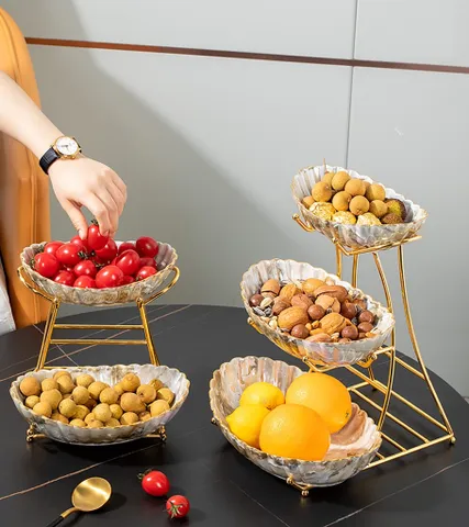 Khay sứ đựng bánh kẹo nhiều tầng vân đá viền vàng - Khay trang trí sang trọng cho bữa tiệc và không gian quán cà phê