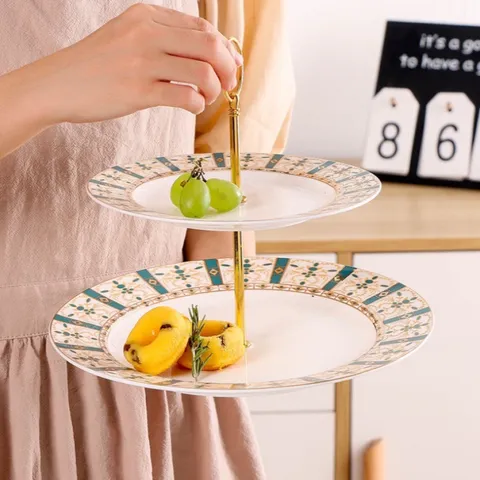 Khay Sứ Tròn 2 Tầng Đựng Bánh Kẹo Họa Tiết Hoa Văn Cao Cấp - Sang Trọng, Chất Liệu Gốm Sứ An Toàn Cho Sức Khỏe