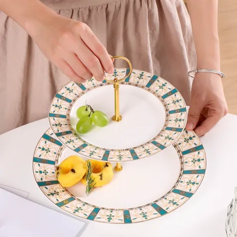 Khay Sứ Tròn 2 Tầng Đựng Bánh Kẹo Họa Tiết Hoa Văn Cao Cấp - Sang Trọng, Chất Liệu Gốm Sứ An Toàn Cho Sức Khỏe