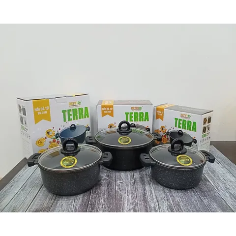 Nồi từ vân đá chống dính Bennix Terra - Nhôm đúc cao cấp, dễ vệ sinh, nhiều size, phù hợp cho mọi loại bếp, an toàn sức khỏe.