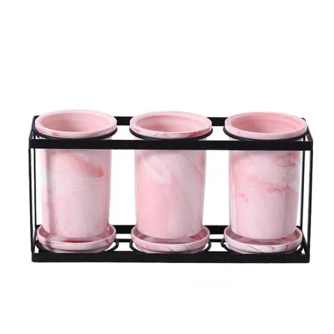 Set ống đựng đũa sứ hồng cao cấp kèm kệ gỗ và khay hứng nước - Dụng cụ nhà bếp đẹp mắt, sang trọng