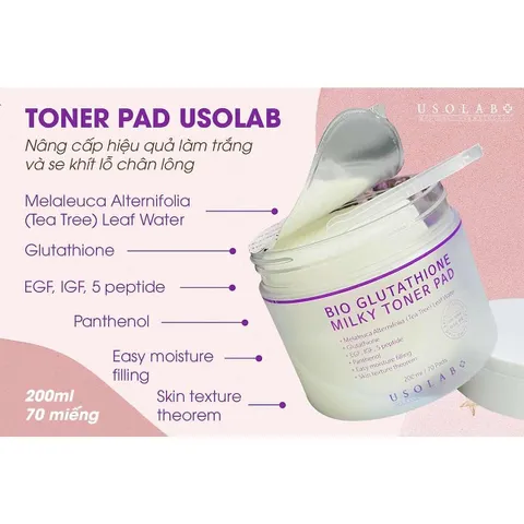 Toner Pad Usolab Bio Glutathione Milky - Hỗ trợ thu nhỏ lỗ chân lông, làm sạch và dưỡng ẩm da hiệu quả, 4 trong 1 70 miếng