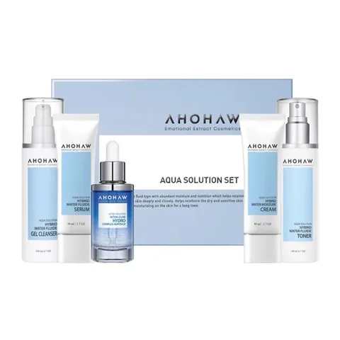 Bộ Dưỡng Ẩm Chuyên Sâu Ahohaw Aqua Solution - Cấp Nước Giữ Ẩm Cho Da, Gel Rửa Mặt, Nước Hoa Hồng, Tinh Chất & Kem Dưỡng Ẩm