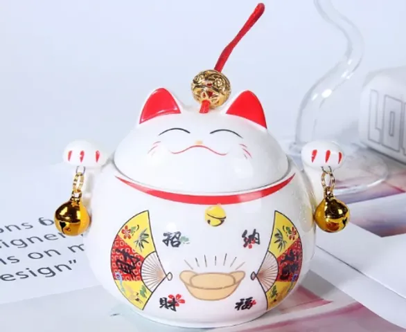 Hũ đựng trà hạt mứt bằng sứ hình mèo Thần Tài - Bình trà may mắn phong thủy trang trí bàn uống nước - Quà Tết độc đáo