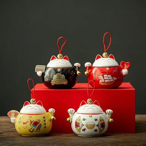 Hũ đựng trà hạt mứt bằng sứ hình mèo Thần Tài - Bình trà may mắn phong thủy trang trí bàn uống nước - Quà Tết độc đáo