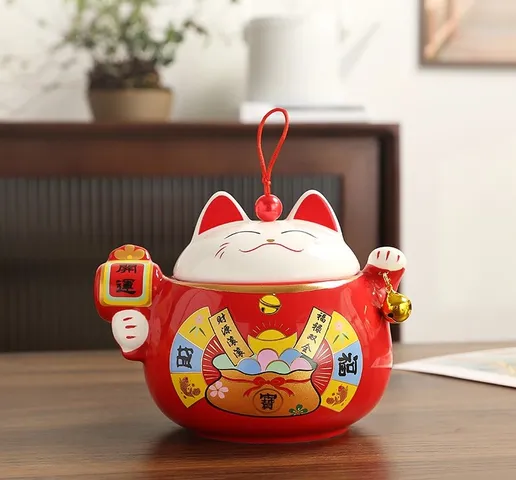 Hũ đựng trà hạt mứt bằng sứ hình mèo Thần Tài - Bình trà may mắn phong thủy trang trí bàn uống nước - Quà Tết độc đáo