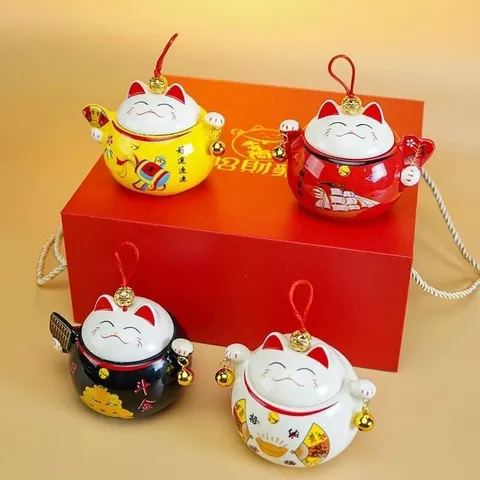Hũ đựng trà hạt mứt bằng sứ hình mèo Thần Tài - Bình trà may mắn phong thủy trang trí bàn uống nước - Quà Tết độc đáo