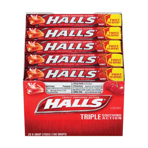 Kẹo ngậm Halls Cough Drops Cherry - Hỗ trợ thông họng, giảm ho, làm dịu cổ họng, tác động nhanh, 180 viên tiện lợi cho sức khỏe