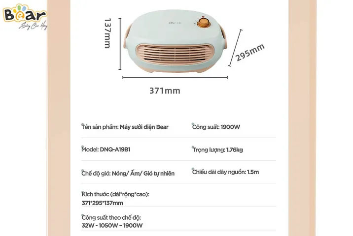 Máy Sưởi Đa Năng Bear DNQ-A19B1 - Công Nghệ PTC Nhanh, Thiết Kế Gọn Nhẹ, Chống Thấm IPX2 Cho Phòng Tắm, Phòng Khách, Phòng Ngủ