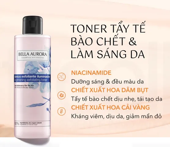 Nước cân bằng làm sáng da 2in1 Bella Aurora Exfoliating Brightening Toner - Tẩy tế bào chết, làm sạch da hiệu quả cho da dầu và hỗn hợp.