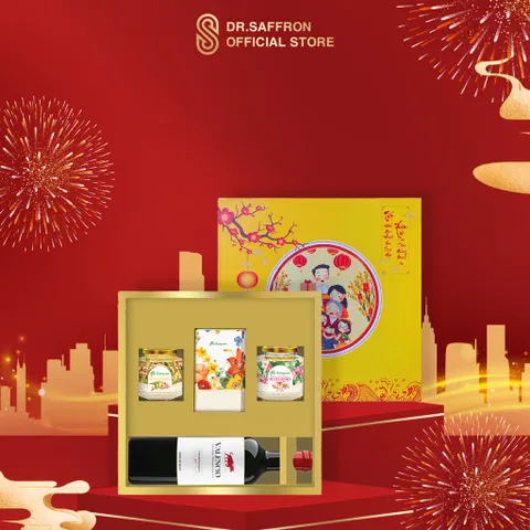 Hộp Quà Tết 2023 Mộc Hương Sơn - Set Mứt Mix Saffron Cao Cấp và Vang Tây Ban Nha - Quà Tặng Ý Nghĩa Dịp Tết